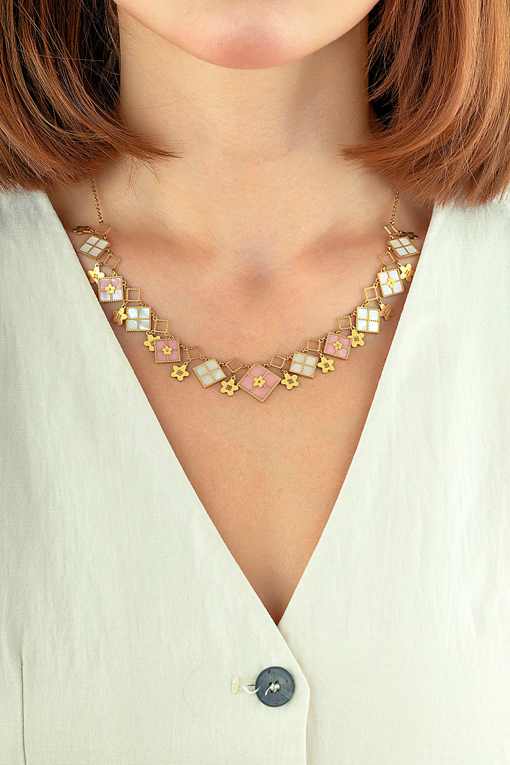 White Pink Mother-of-Pearl Rectangular Shape Italian Gold Necklace