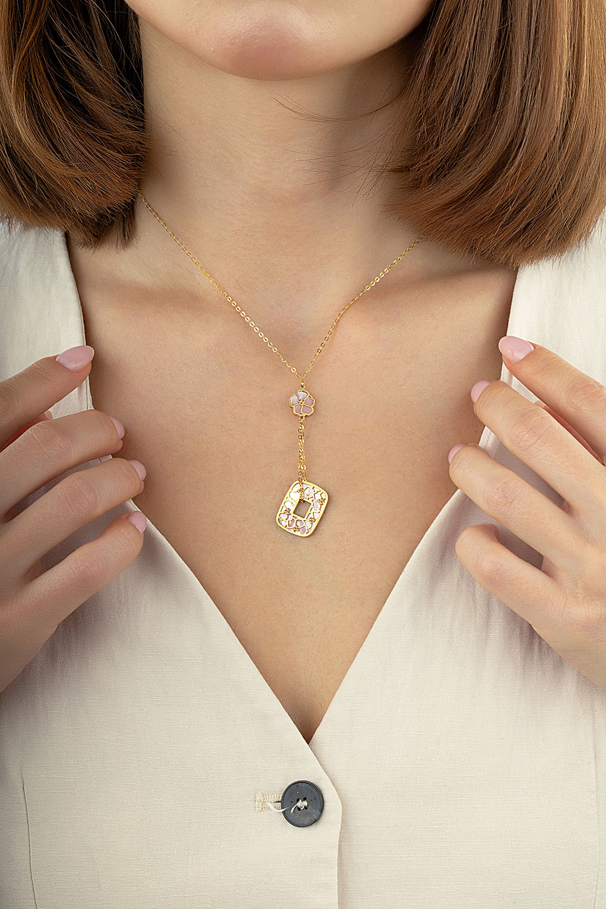 Reversible Pink White Mother-of-Pearl Floral Drop Gold Necklace Main image