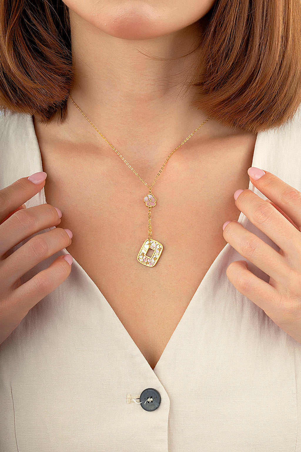 Reversible Pink White Mother-of-Pearl Floral Drop Gold Necklace