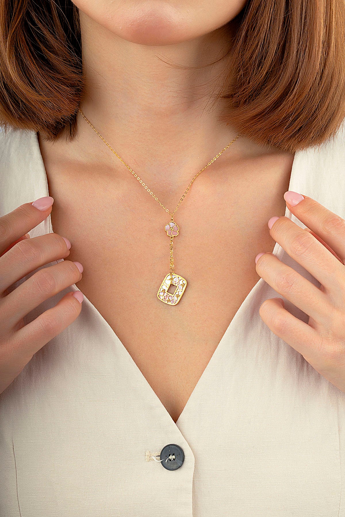 Reversible Pink White Mother-of-Pearl Floral Drop Gold Necklace