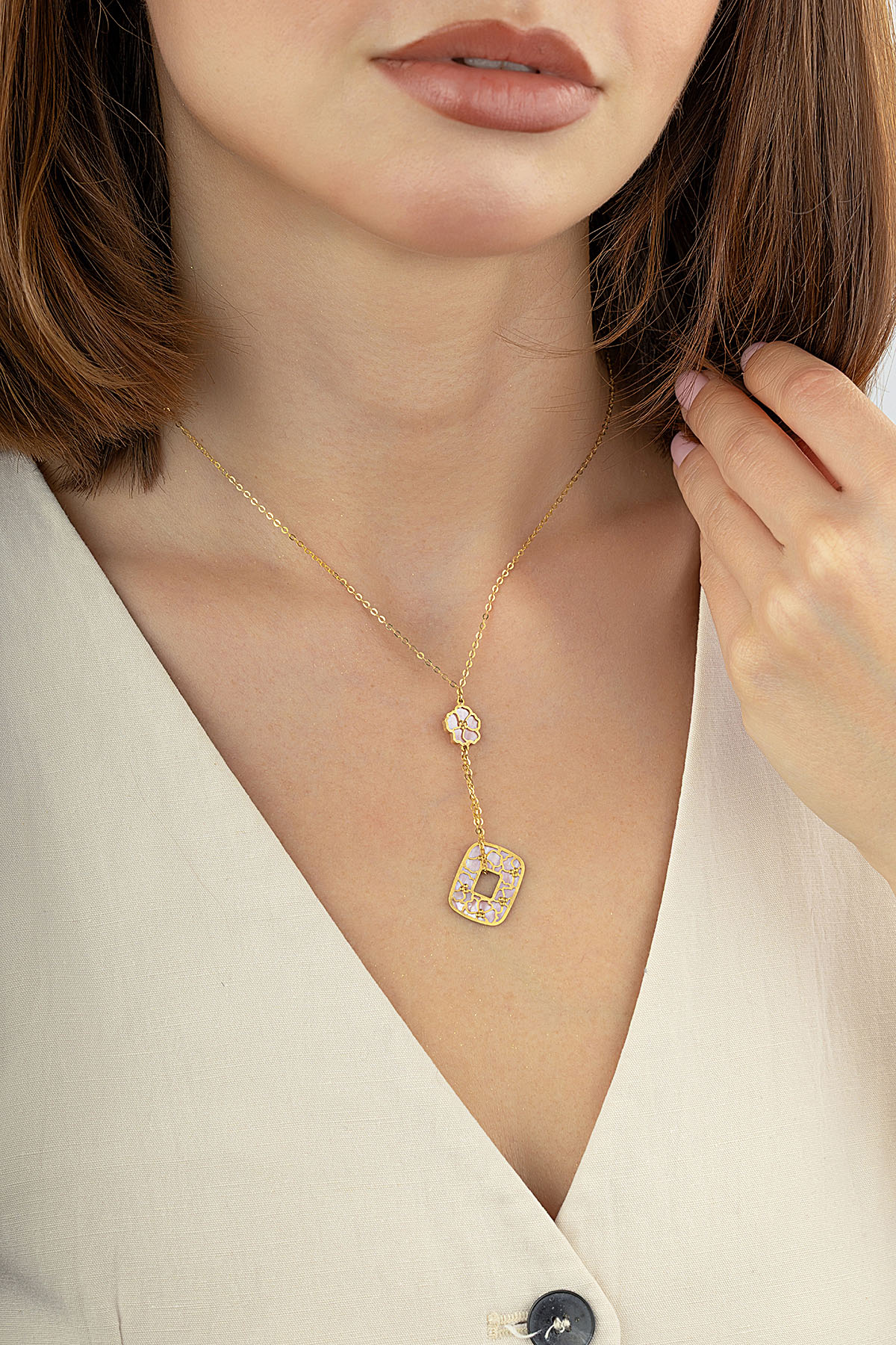 Reversible Pink White Mother-of-Pearl Floral Drop Gold Necklace Secondary image