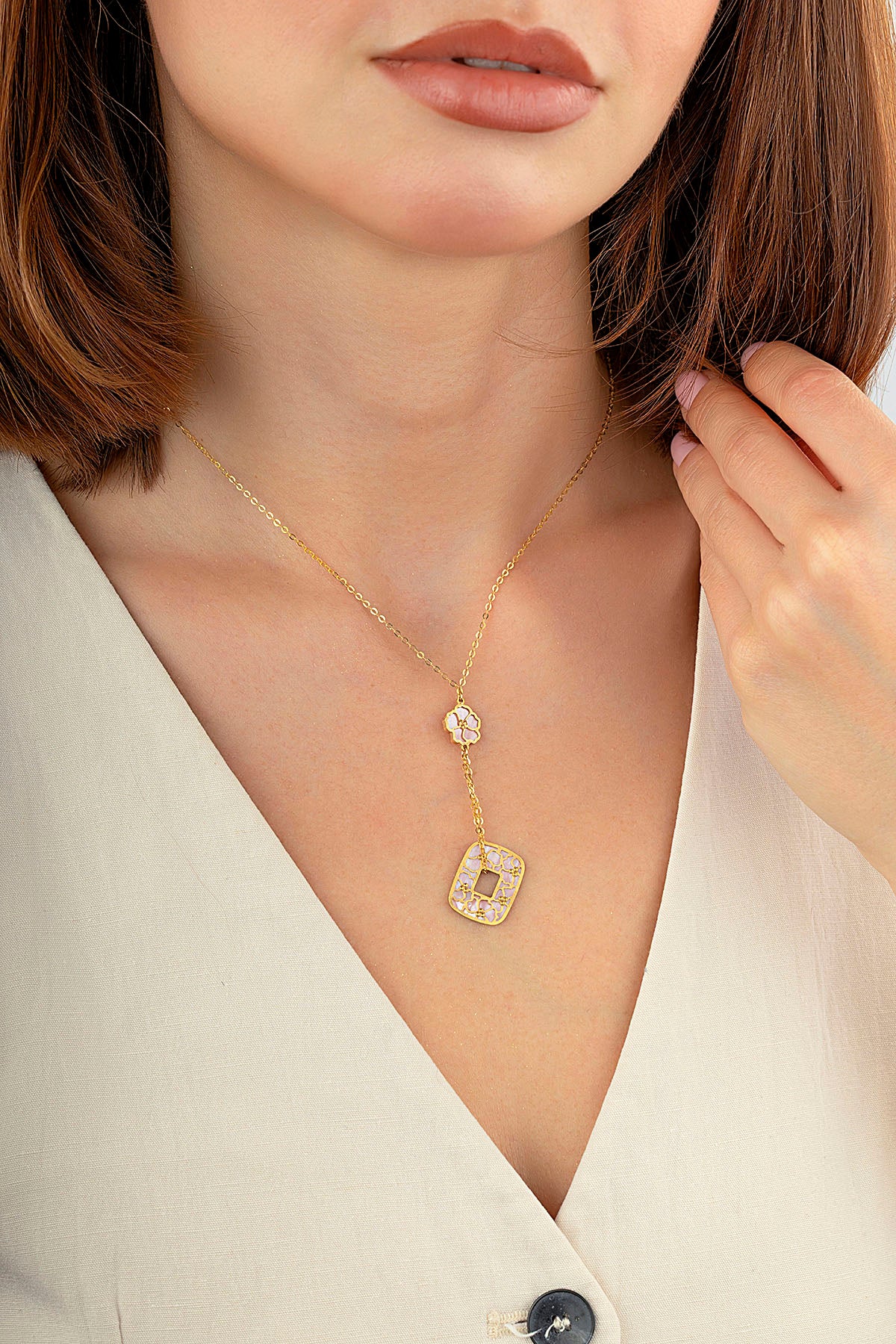 Reversible Pink White Mother-of-Pearl Floral Drop Gold Necklace