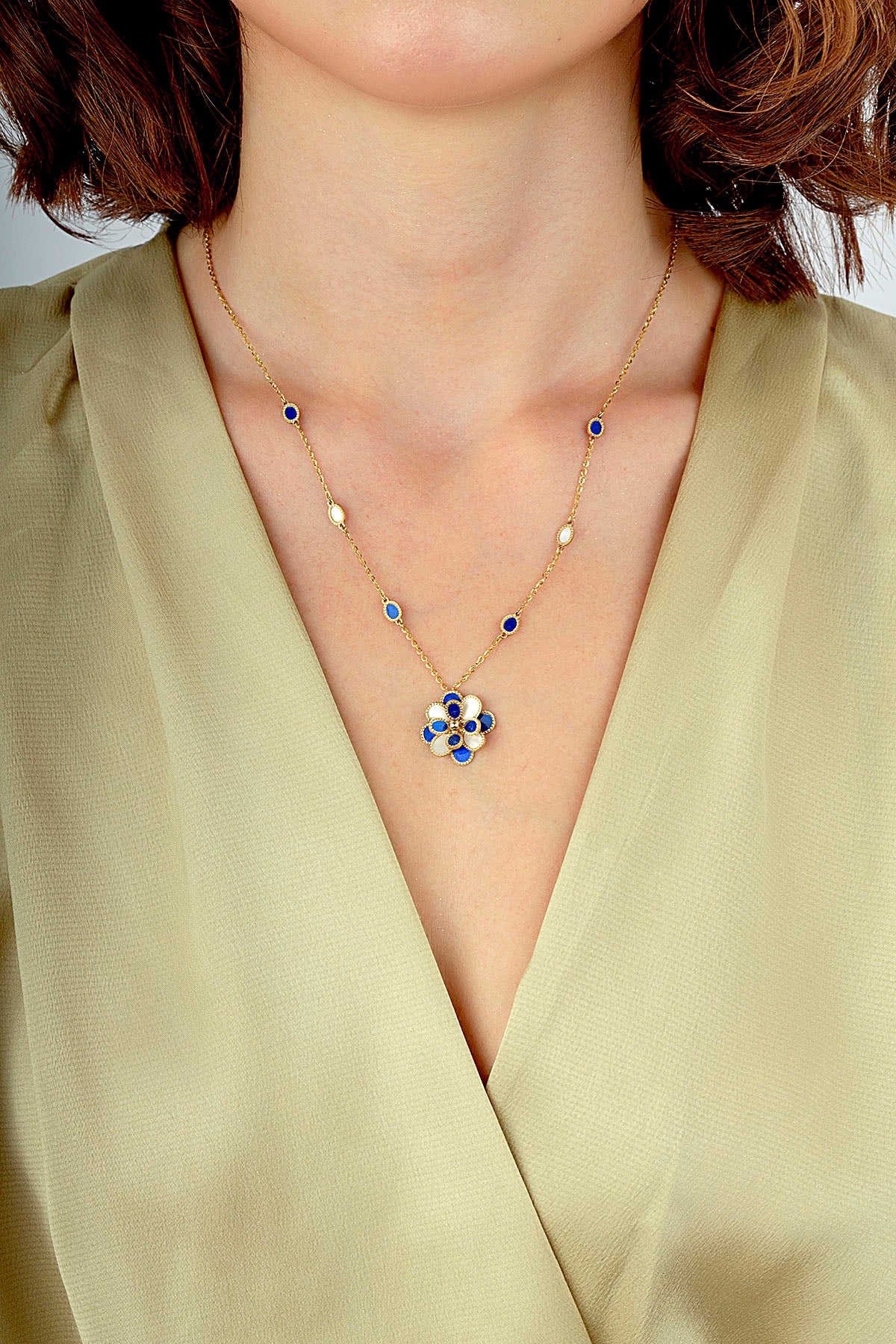 Blue White Mother-of-Pearl Reelist Floral Italian Gold Necklace