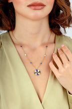 Blue White Mother-of-Pearl Reelist Floral Italian Gold Necklace