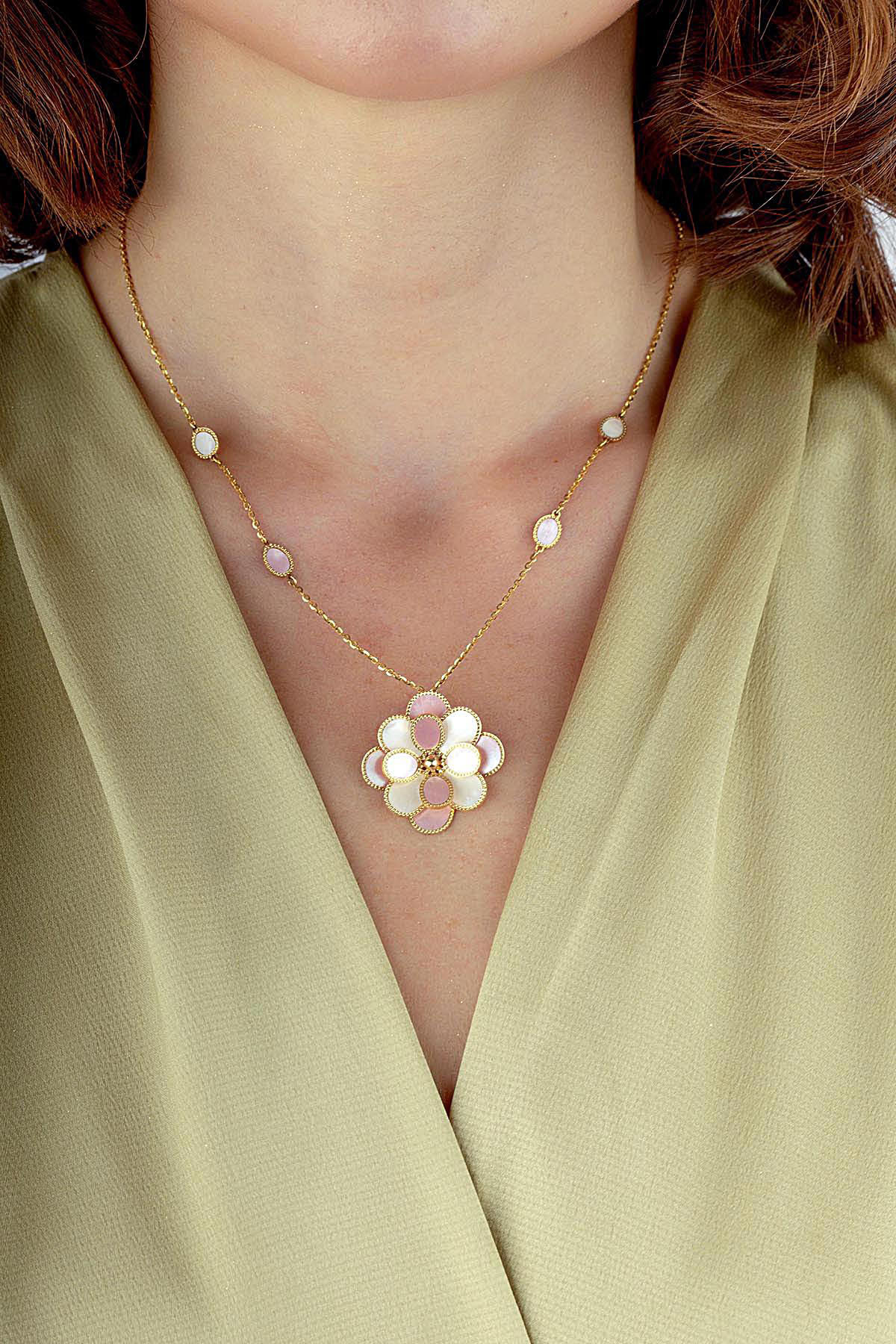 Pink White Mother-of-Pearl Modern Floral Gold Necklace Main image
