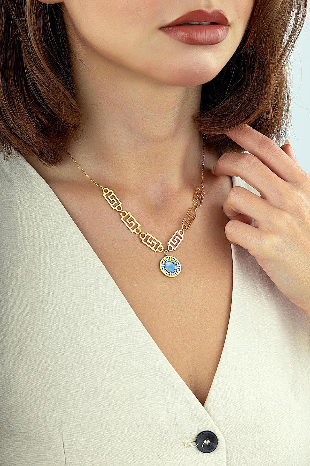 Geometric Turquoise Mother-of-Pearl Italian Gold Necklace Secondary image