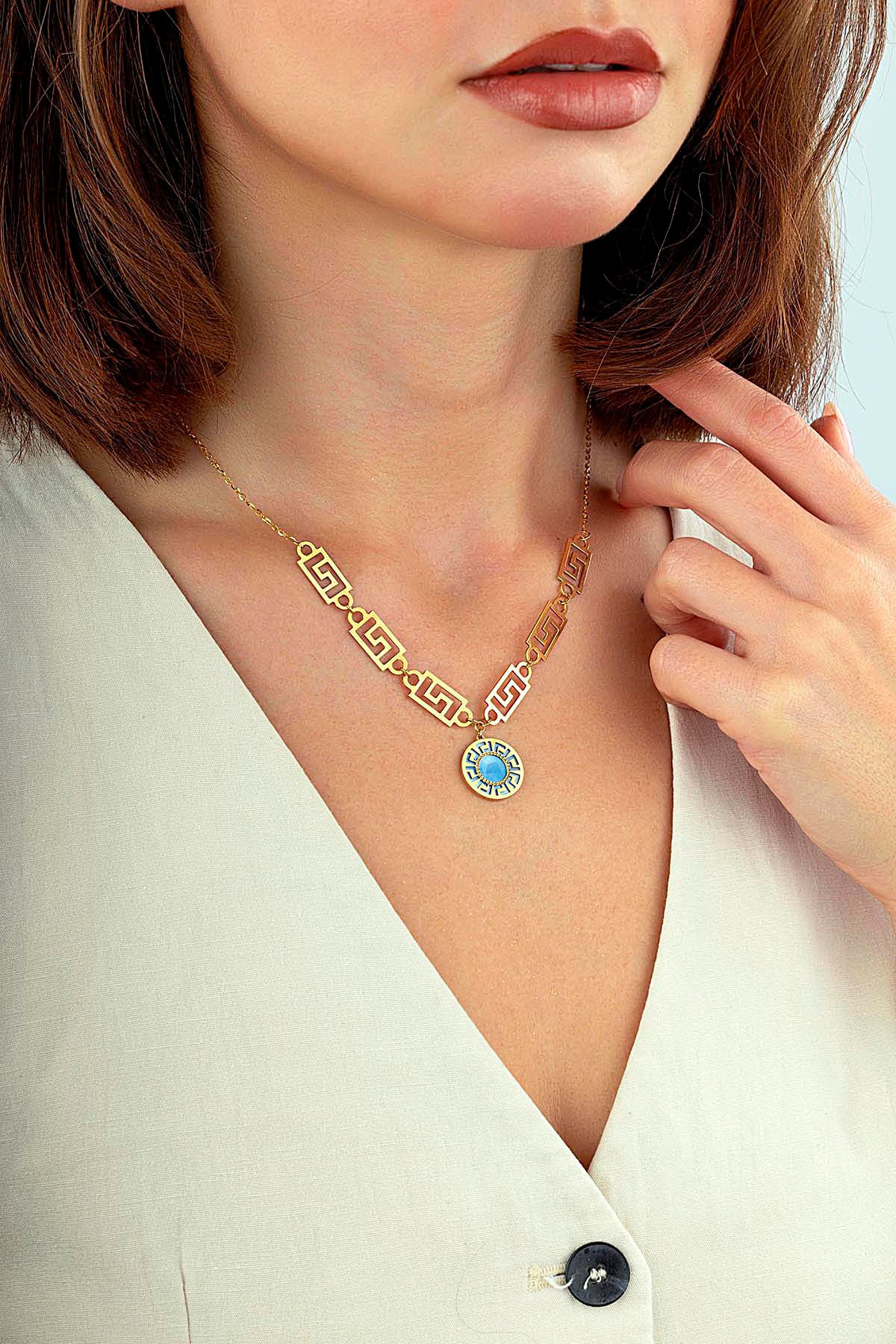 Geometric Turquoise Mother-of-Pearl Italian Gold Necklace