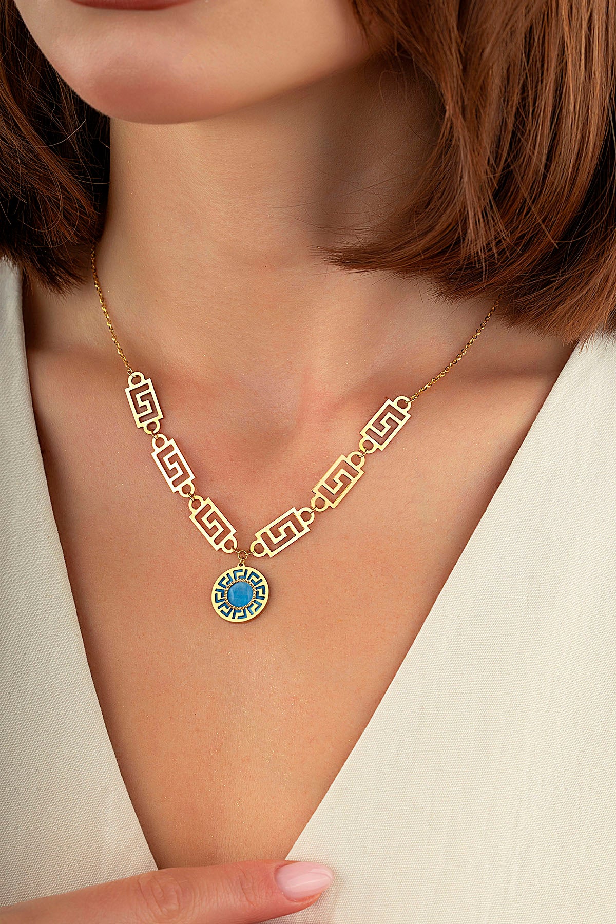 Geometric Turquoise Mother-of-Pearl Italian Gold Necklace