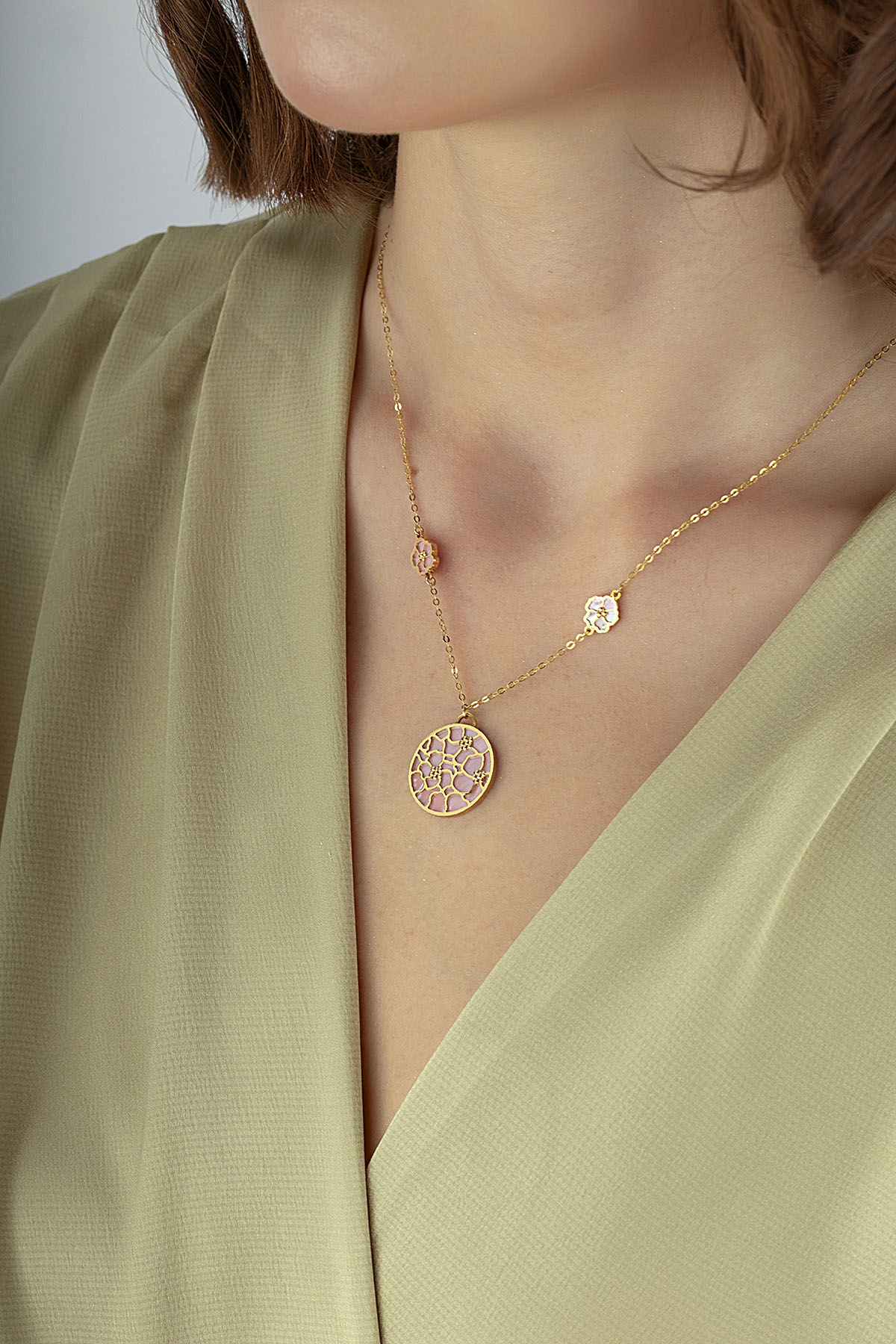 Reversible Pink White Mother-of-Pearl Floral Modern Gold Necklace Secondary image