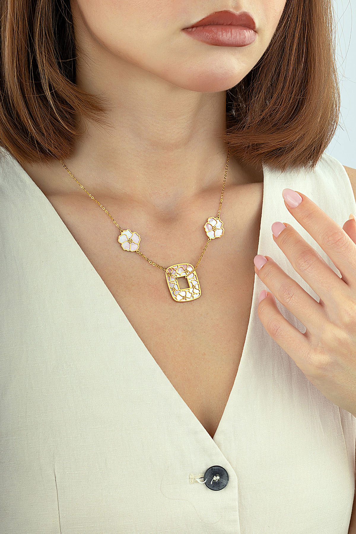 Reversible White Pink Floral Geometric Gold Necklace Main image