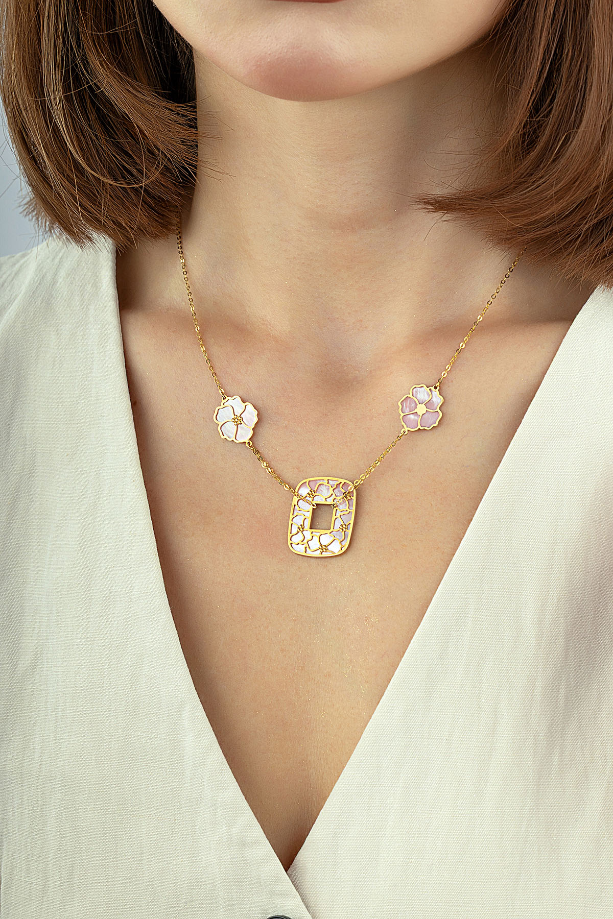 Reversible White Pink Floral Geometric Gold Necklace Secondary image