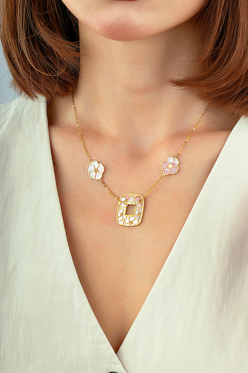 Reversible White Pink Floral Geometric Gold Necklace