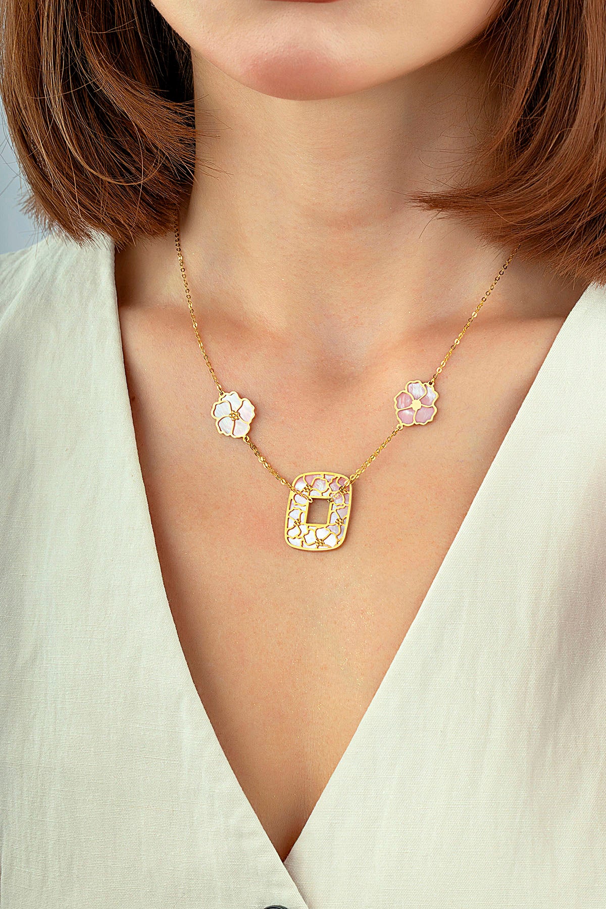 Reversible White Pink Floral Geometric Gold Necklace