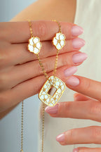 Reversible White Pink Floral Geometric Gold Necklace