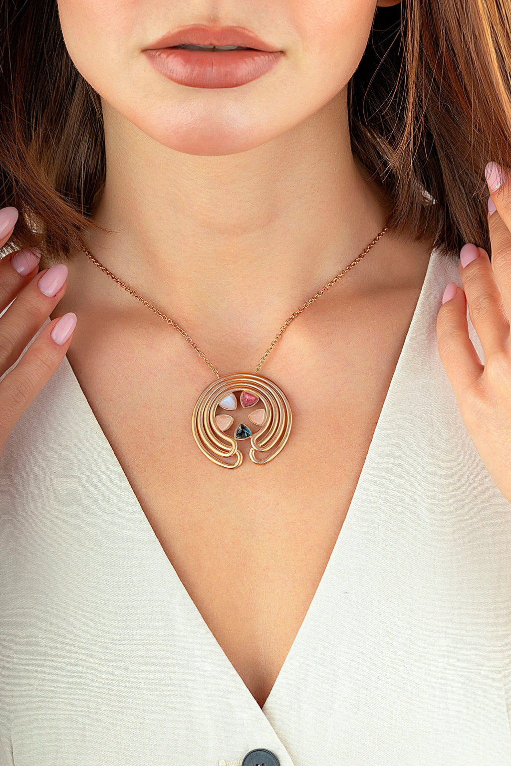 Stone-Set Geometric Italian Design Rose Gold Necklace