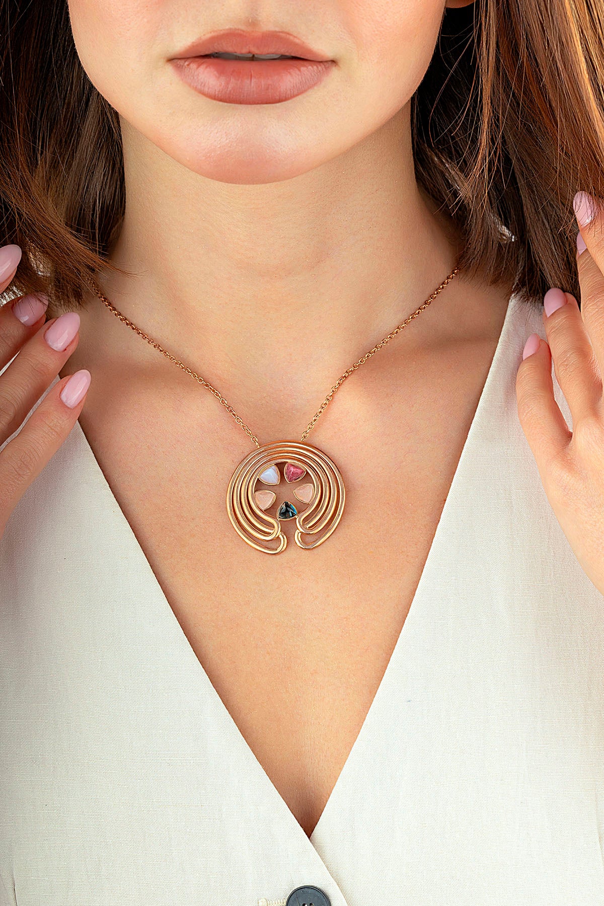 Stone-Set Geometric Italian Design Rose Gold Necklace