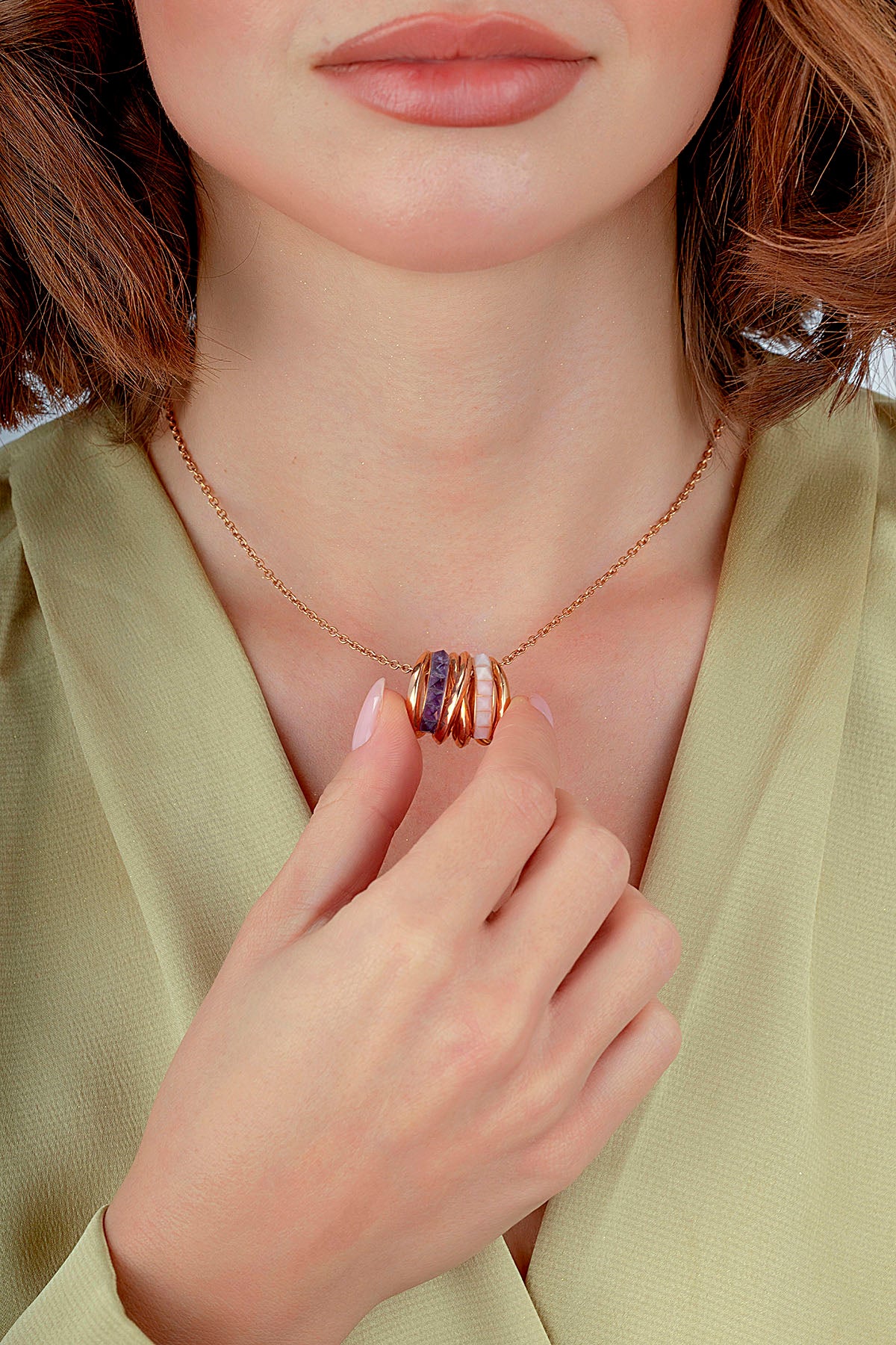 Rose Opal Amethyst Stone-Set Gold Necklace