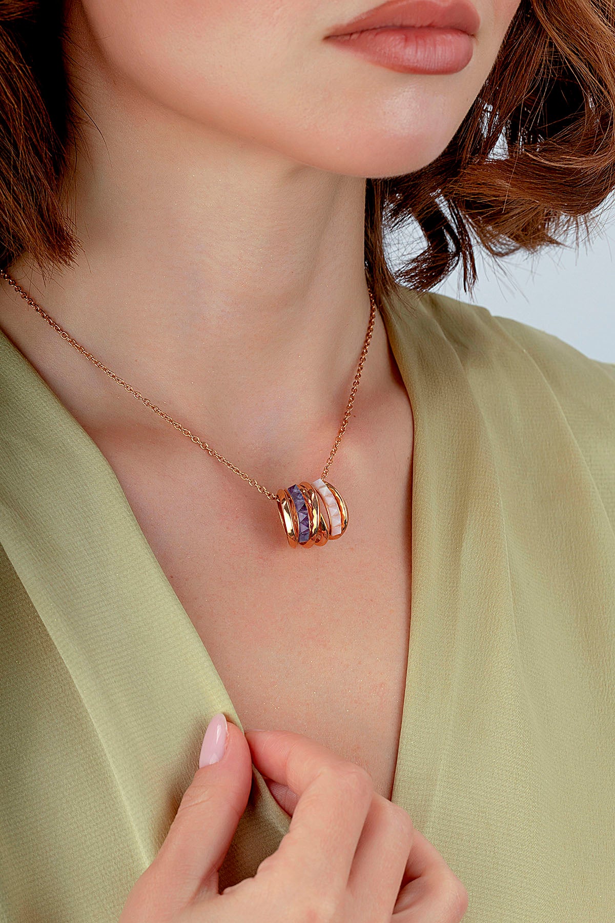 Rose Opal Amethyst Stone-Set Gold Necklace