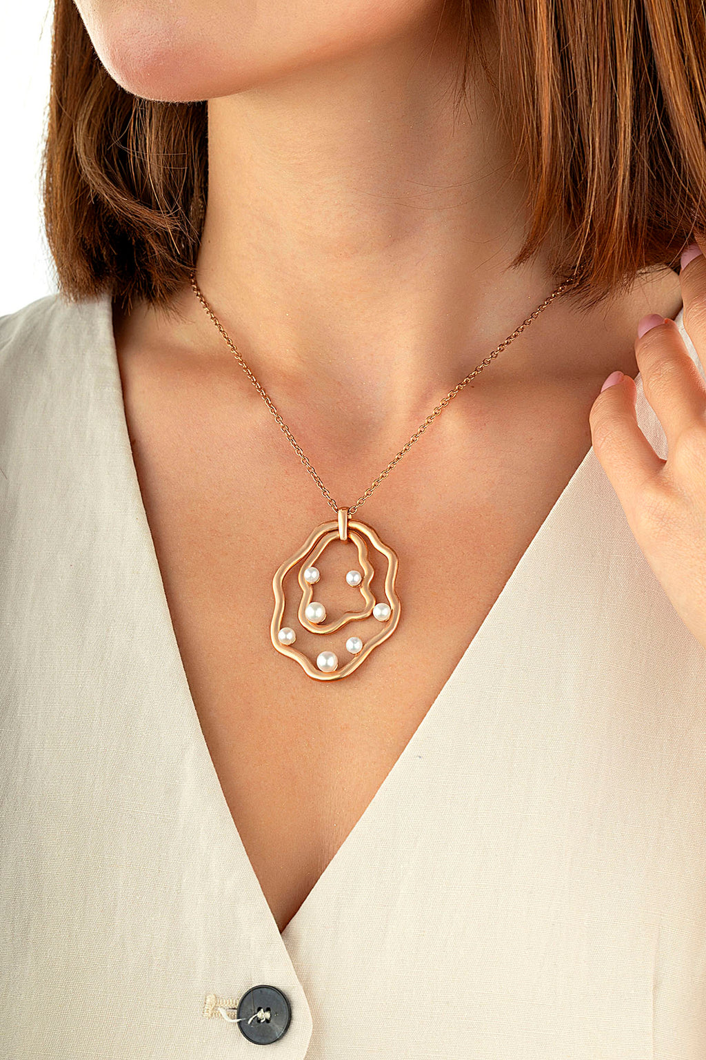 Pearl Stone-Set Italian Design Rose Gold Necklace