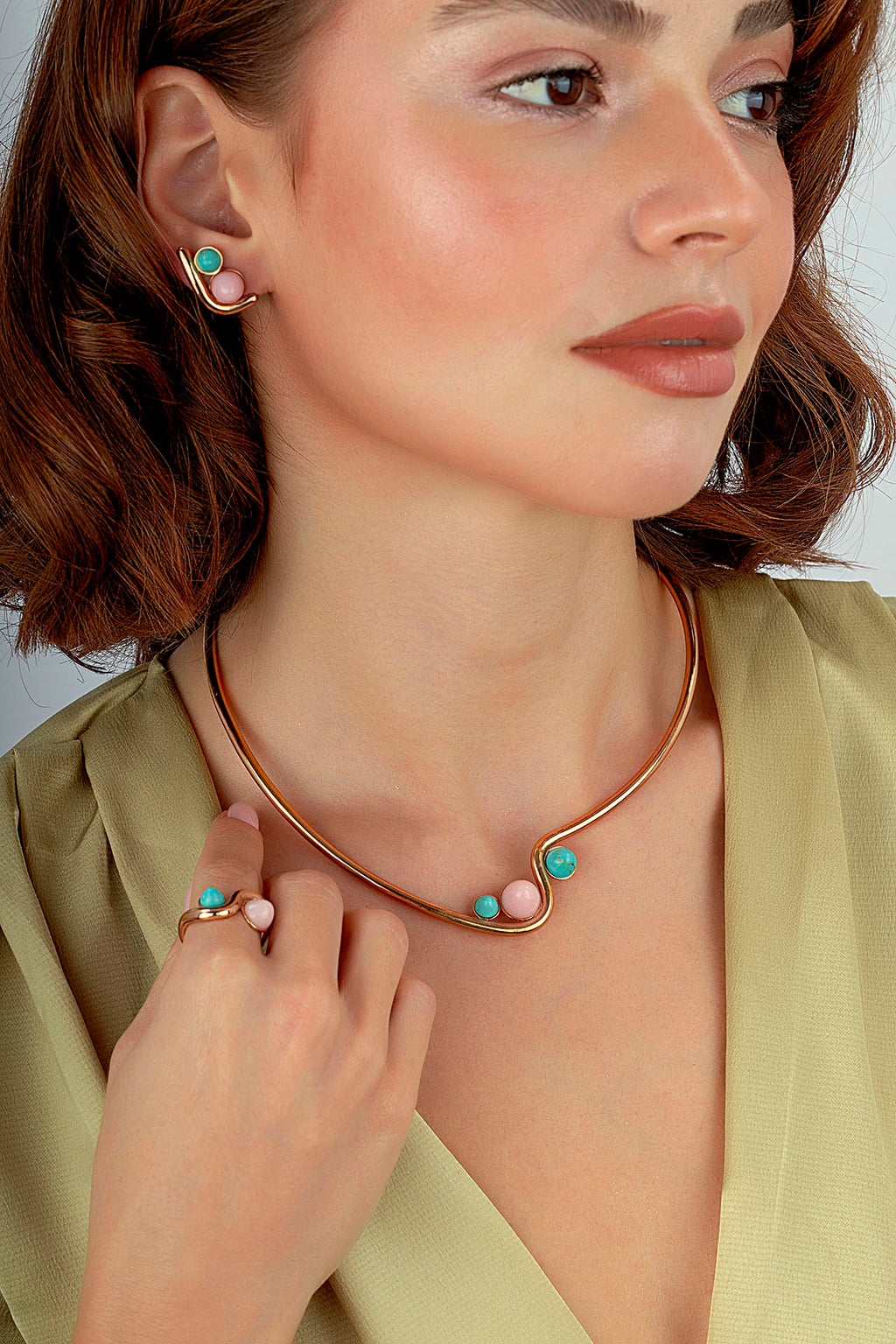 Rose Opal Turquoise Stone-Set Gold Necklace