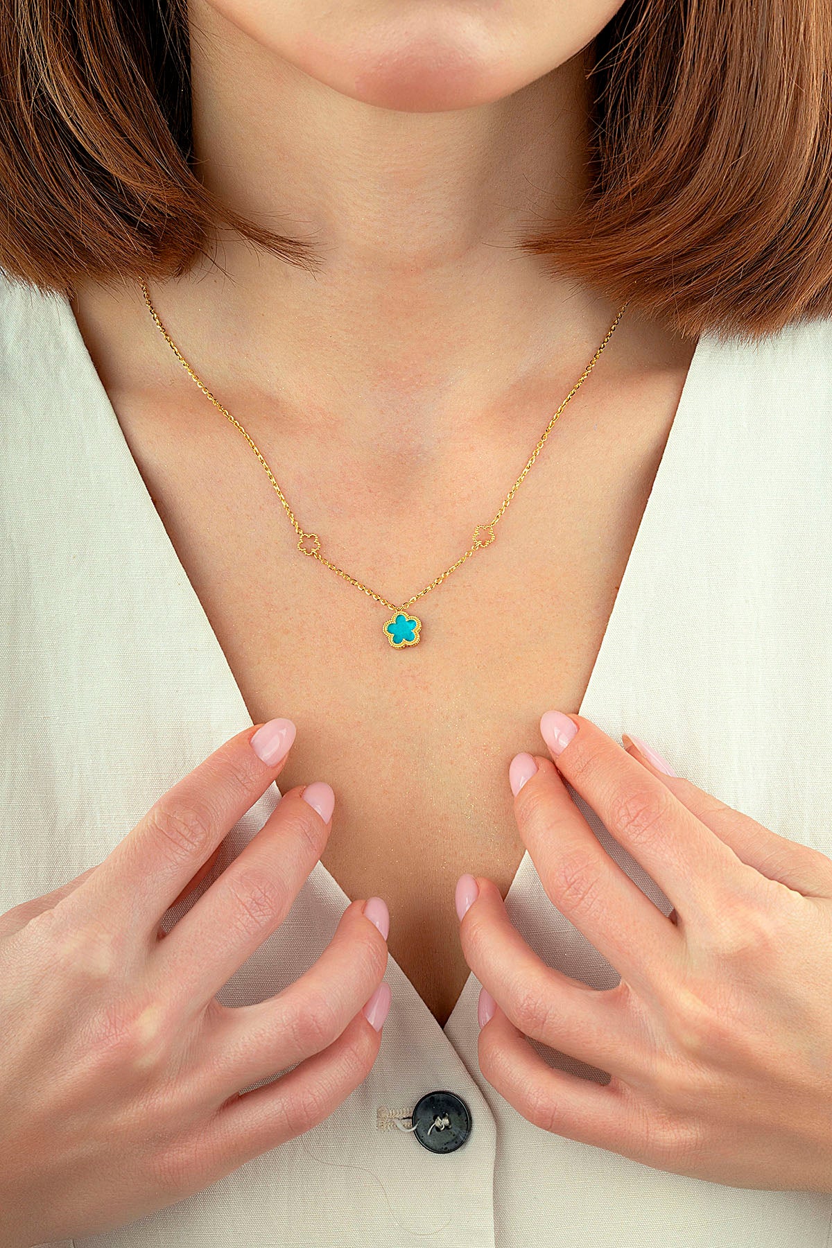 Reversible Turquoise White Mother-of-Pearl Floral Gold Necklace