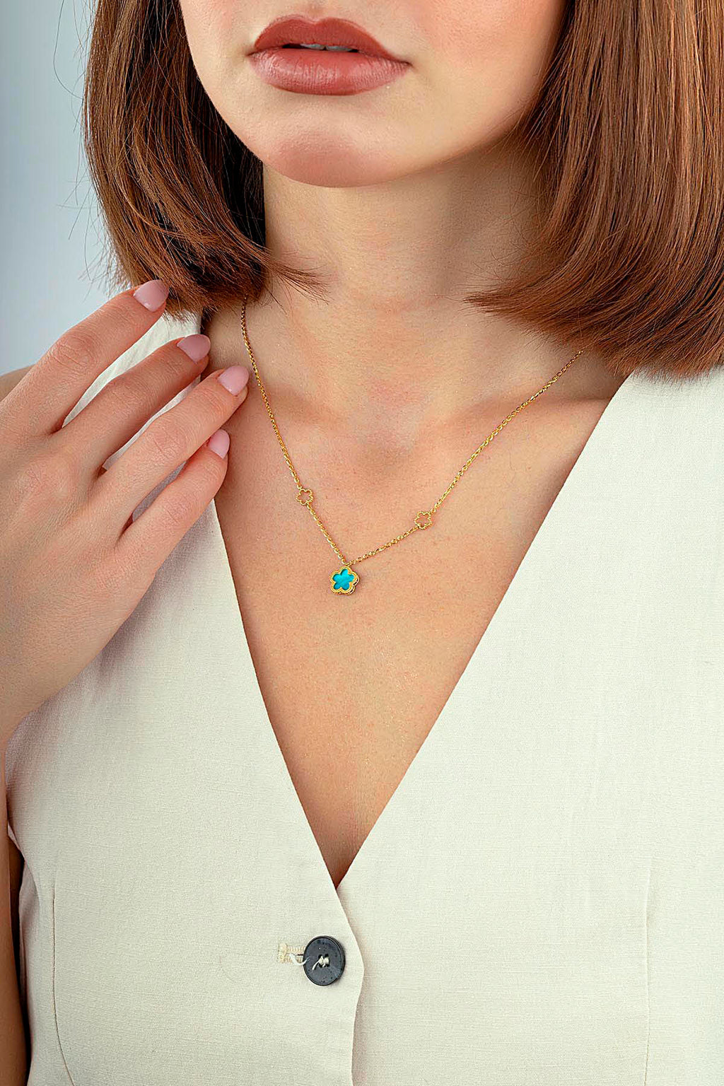 Reversible Turquoise White Mother-of-Pearl Floral Gold Necklace
