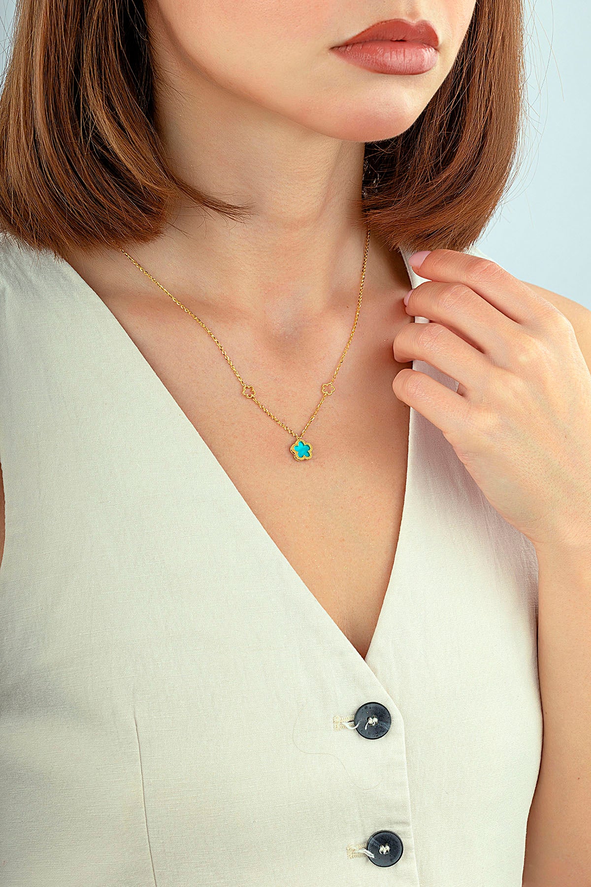 Reversible Turquoise White Mother-of-Pearl Floral Gold Necklace