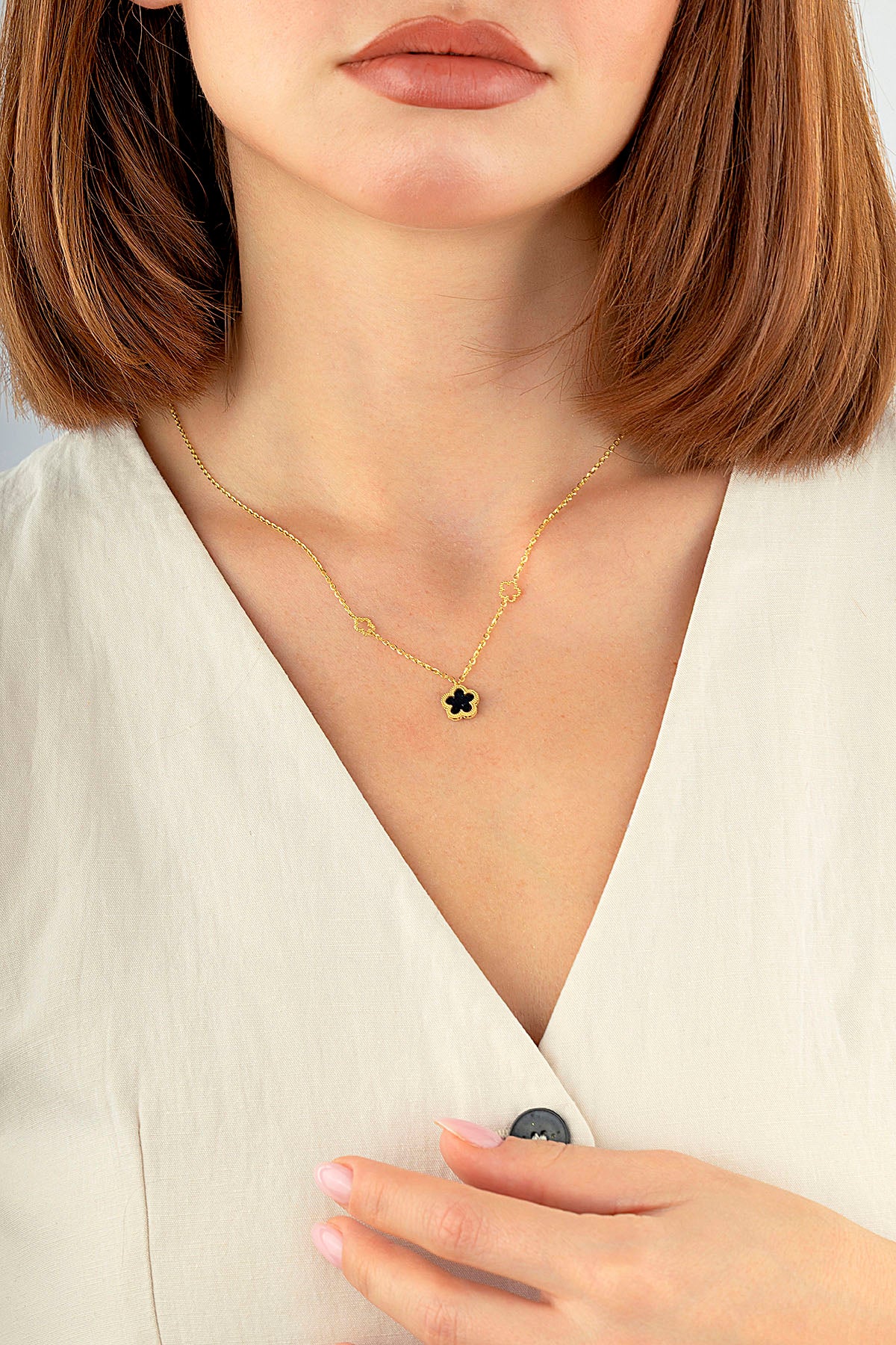 Reversible Black White Mother-of-Pearl Floral Gold Necklace