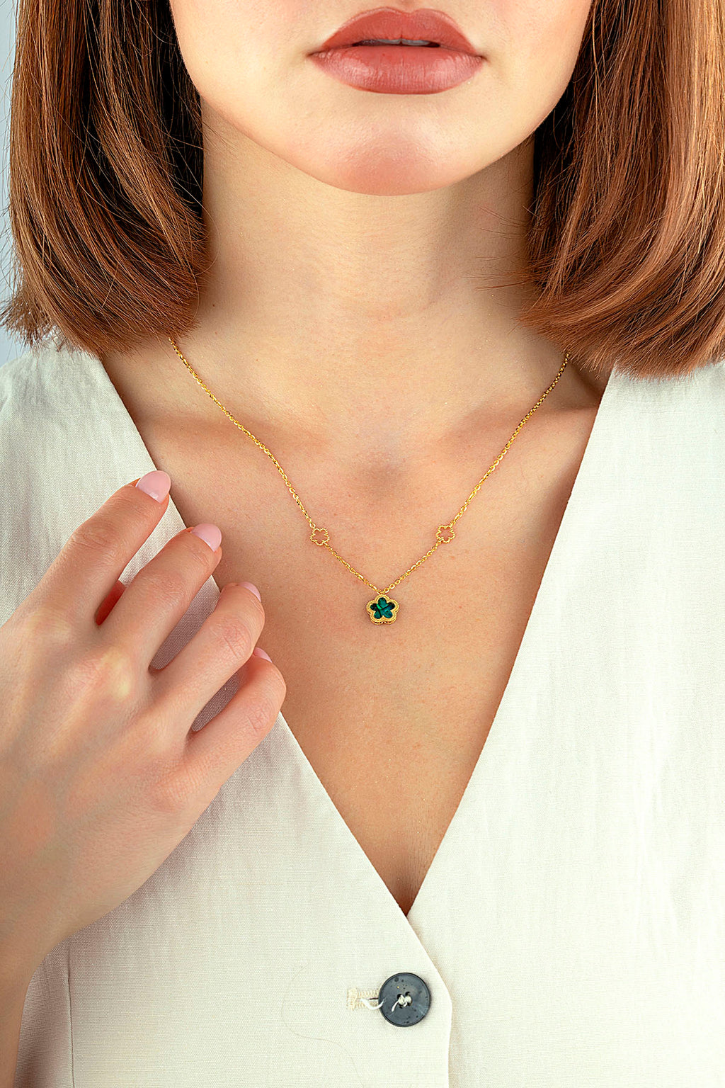 Reversible Green White Mother-of-Pearl Floral Gold Necklace