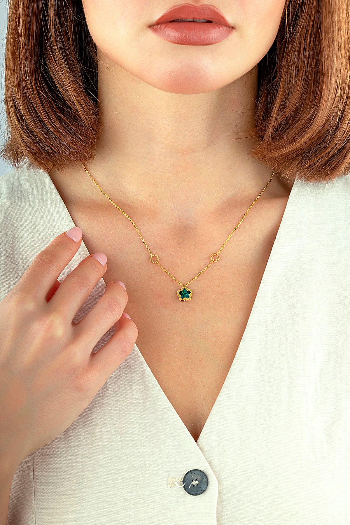 Reversible Green White Mother-of-Pearl Floral Gold Necklace