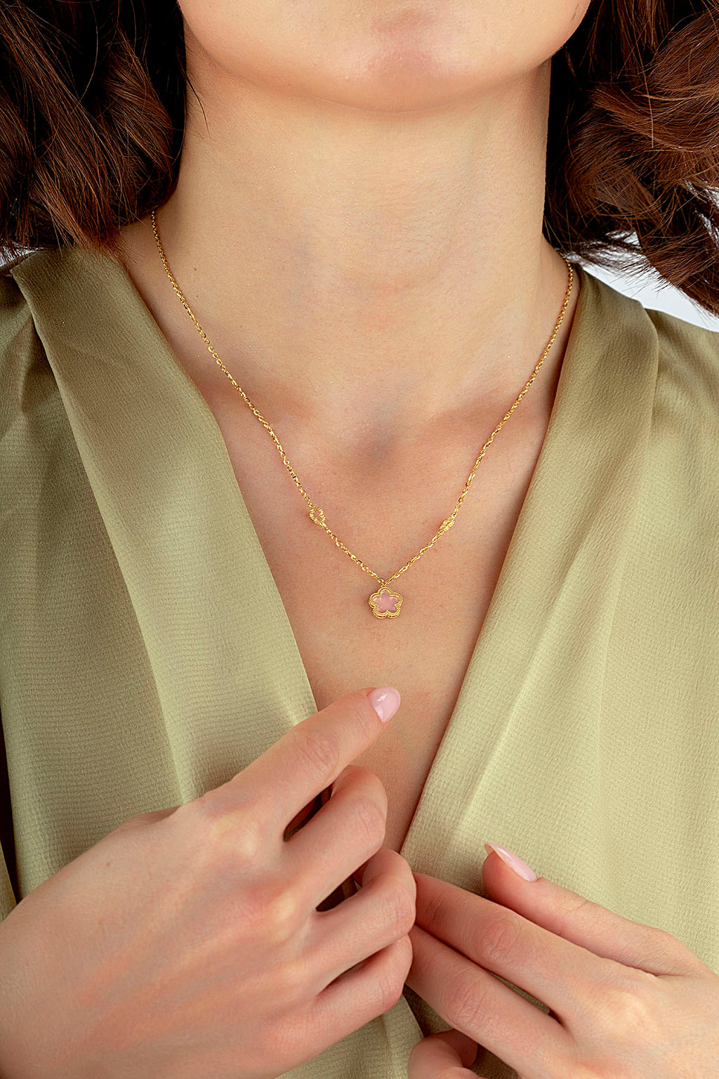 Reversible Pink White Mother-of-Pearl Floral Gold Necklace