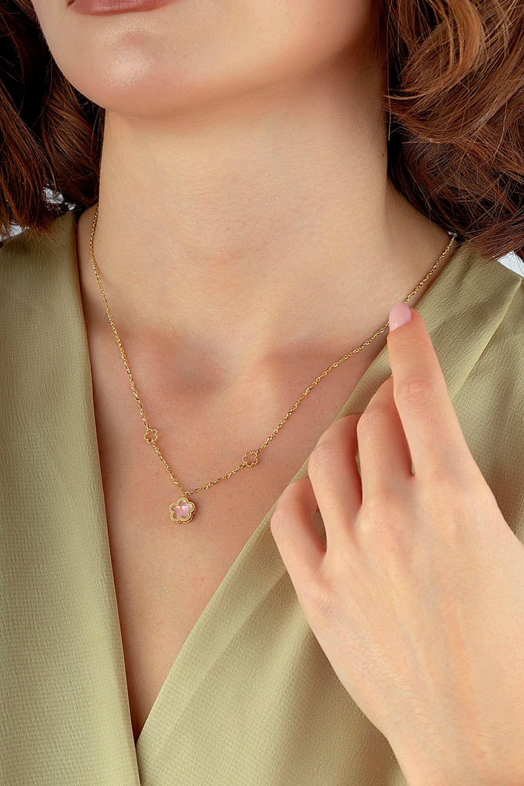 Reversible Pink White Mother-of-Pearl Floral Gold Necklace