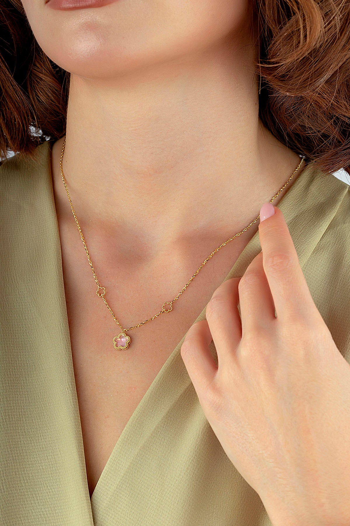 Reversible Pink White Mother-of-Pearl Floral Gold Necklace