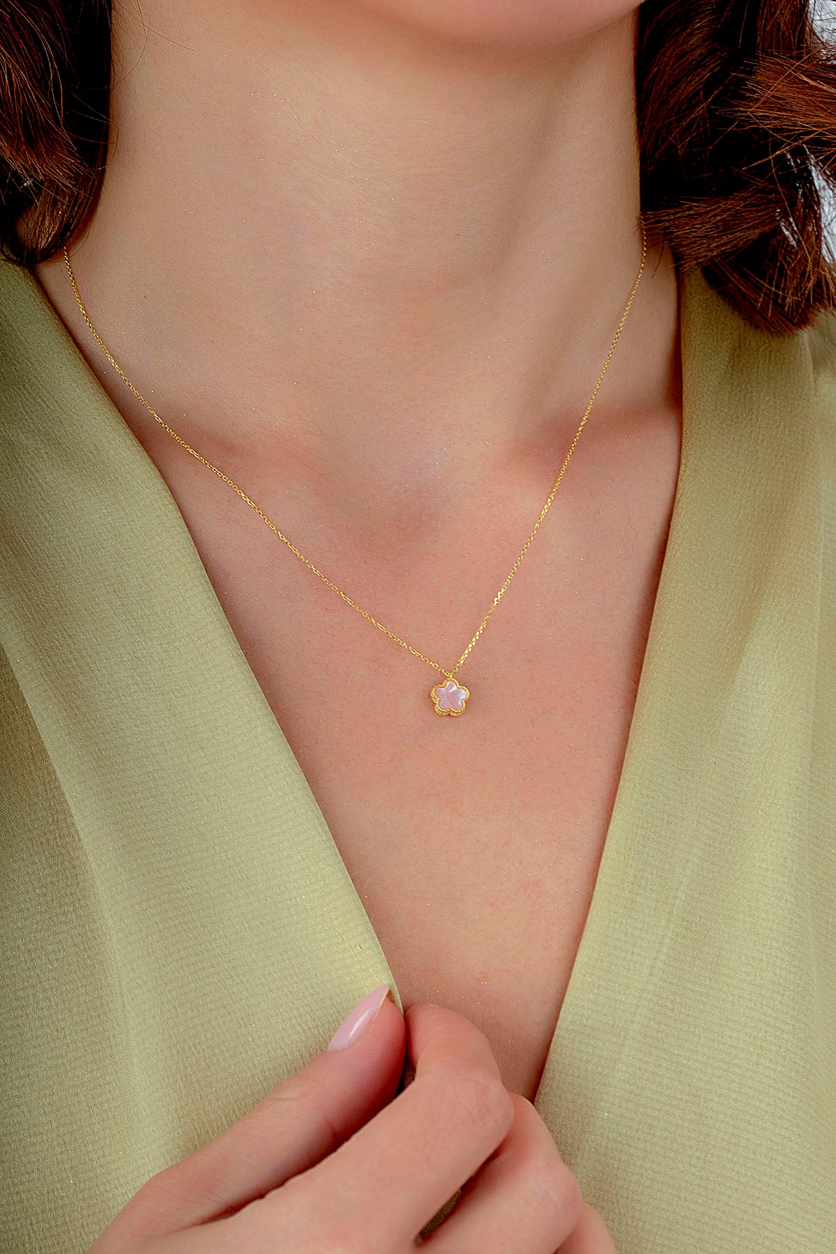 Reversible Pink White Mother-of-Pearl Small Floral Gold Necklace