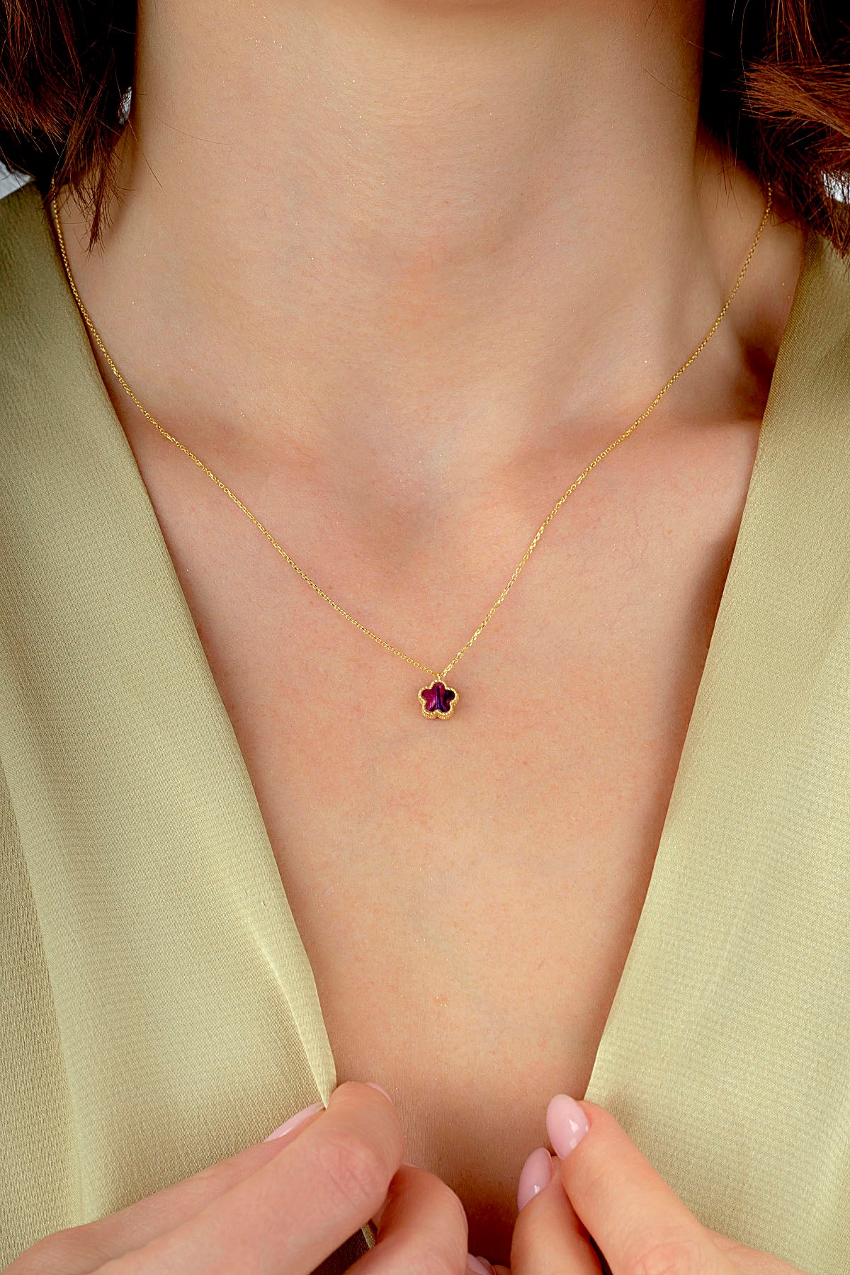 Reversible Purple White Mother-of-Pearl Small Floral Gold Necklace