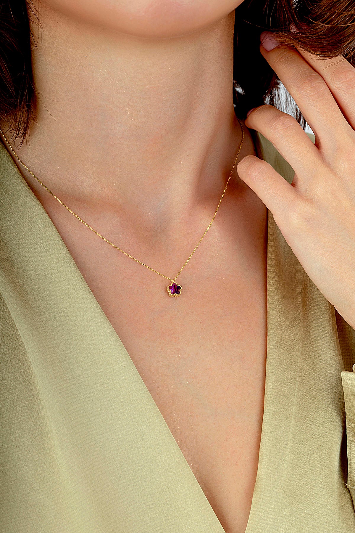 Reversible Purple White Mother-of-Pearl Small Floral Gold Necklace