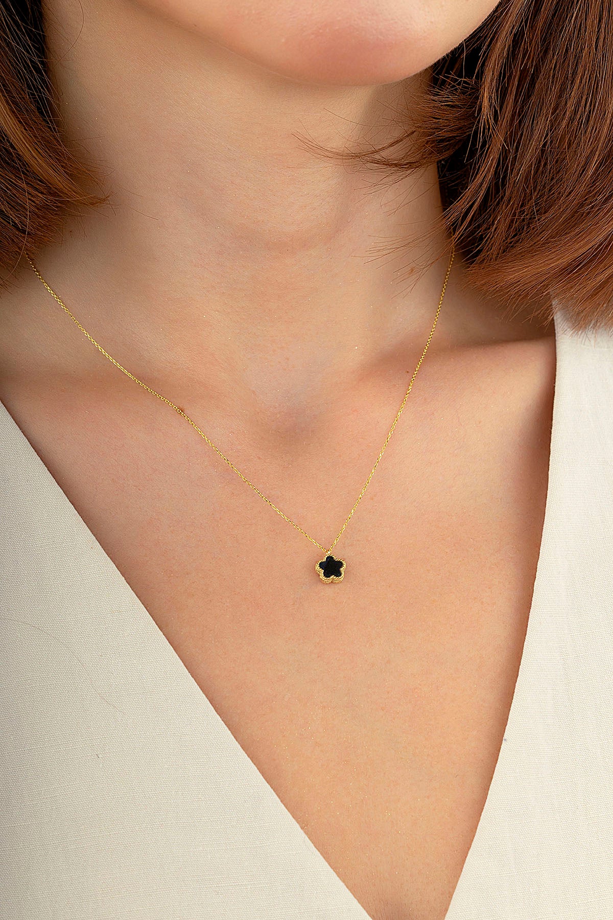Reversible Black White Mother-of-Pearl Small Floral Gold Necklace