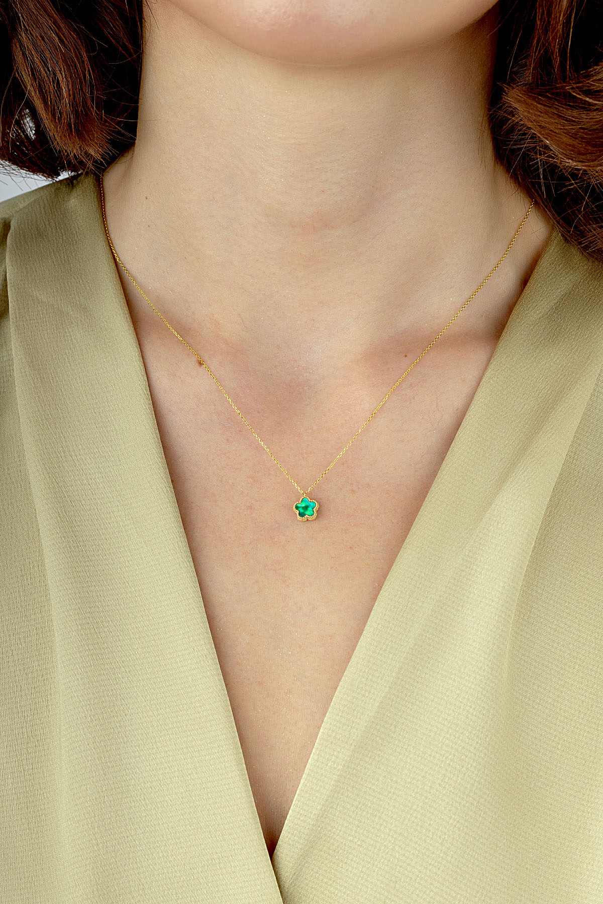 Reversible Green White Mother-of-Pearl Small Floral Gold Necklace Main image