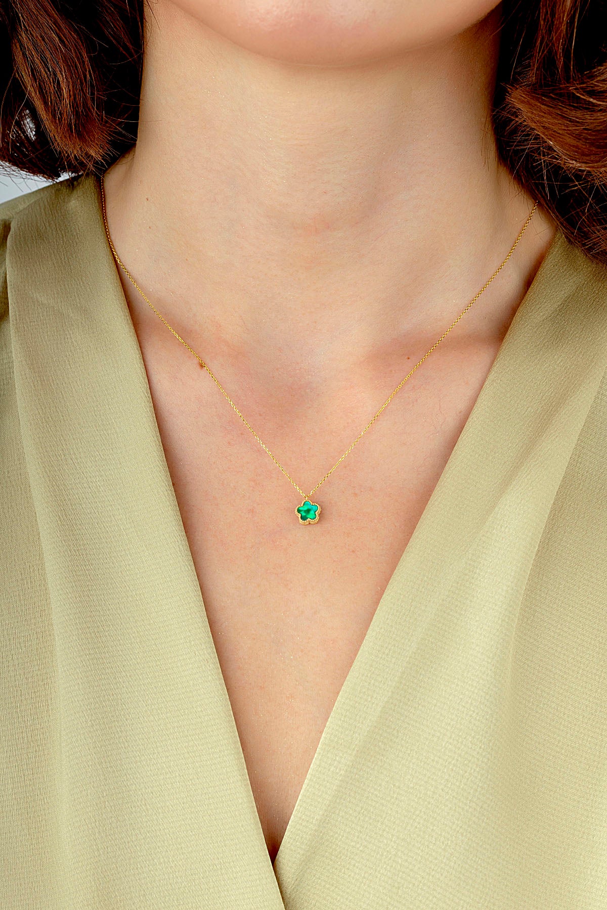 Reversible Green White Mother-of-Pearl Small Floral Gold Necklace