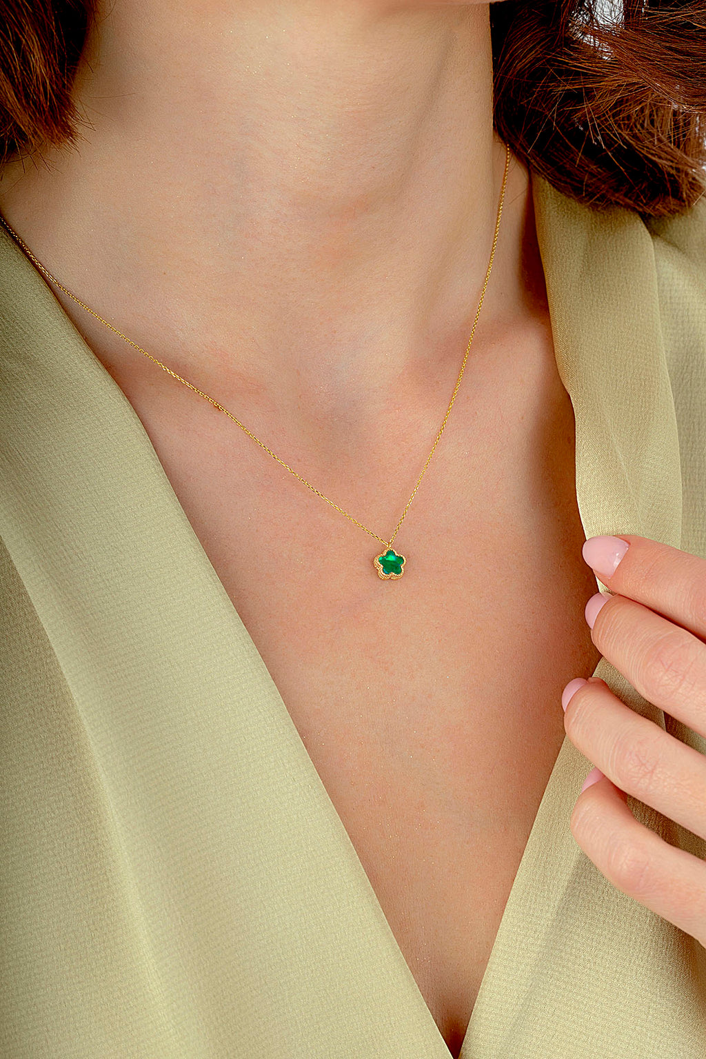 Reversible Green White Mother-of-Pearl Small Floral Gold Necklace
