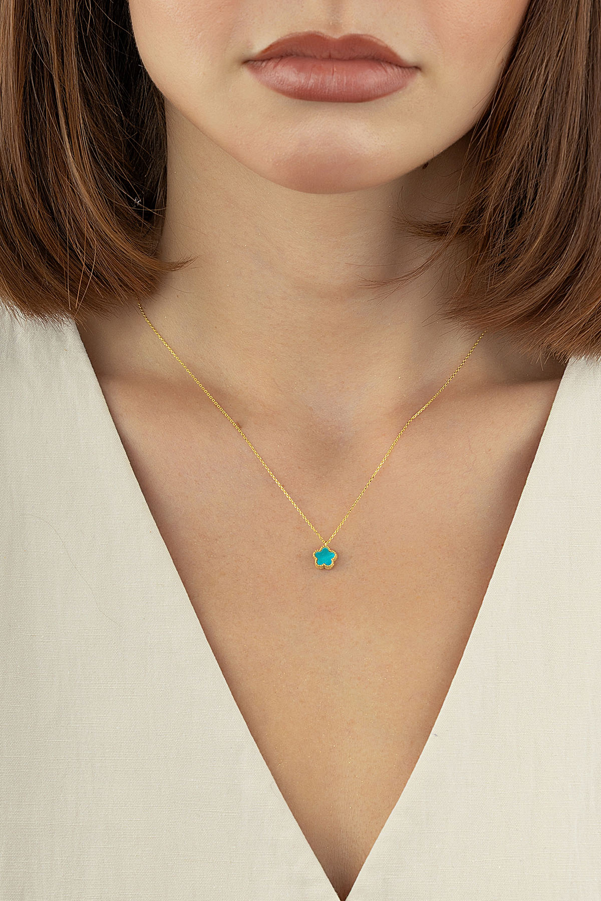 Reversible Turquoise White Mother-of-Pearl Small Floral Gold Necklace Secondary image
