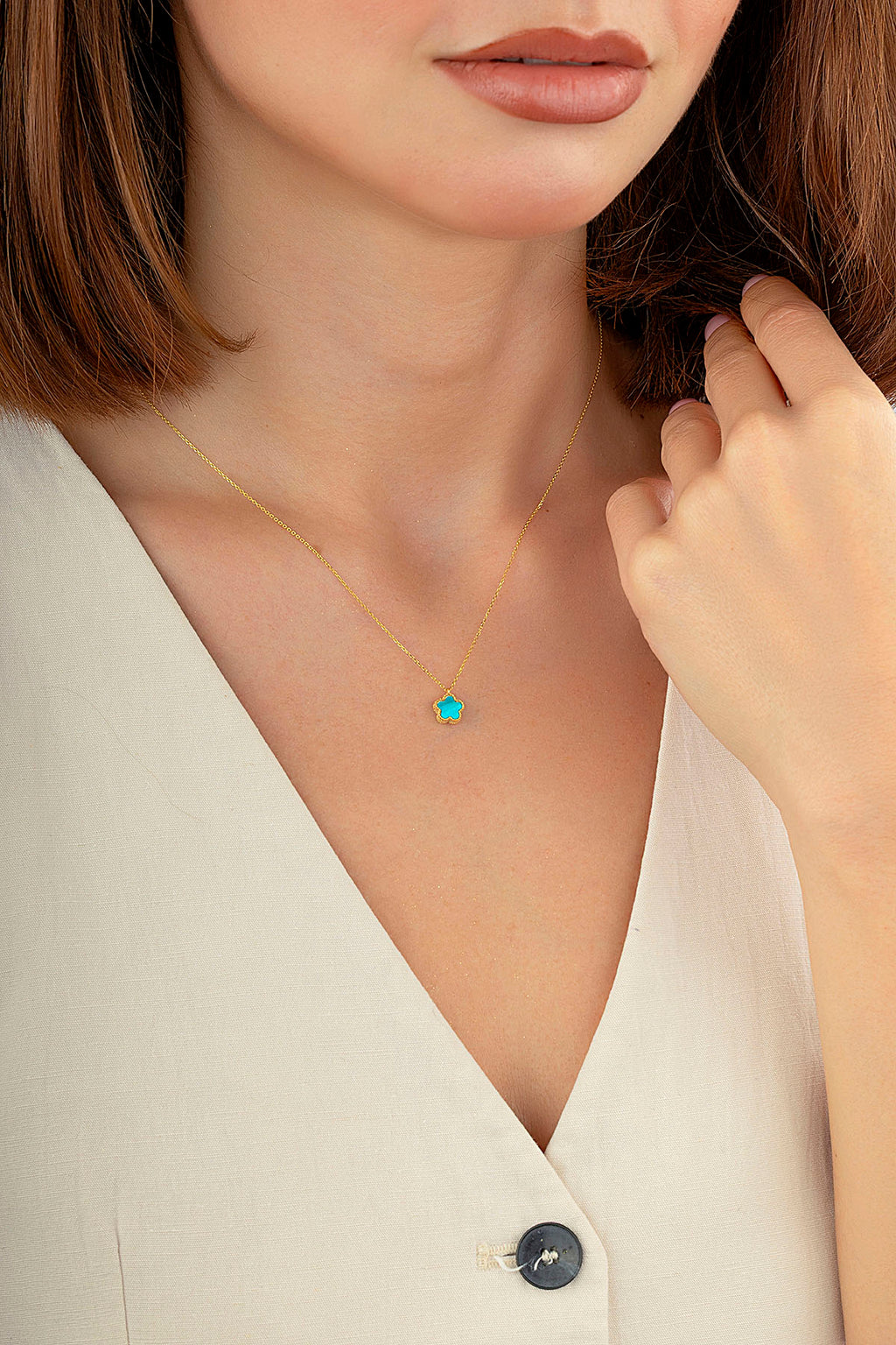 Reversible Turquoise White Mother-of-Pearl Small Floral Gold Necklace