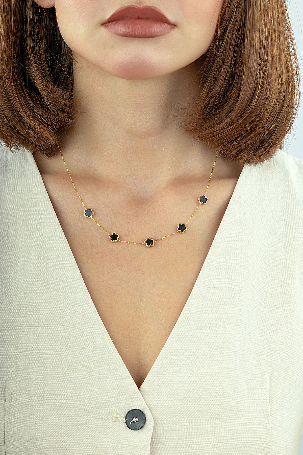 Reversible Black White Mother-of-Pearl Five Floral Gold Necklace Main image