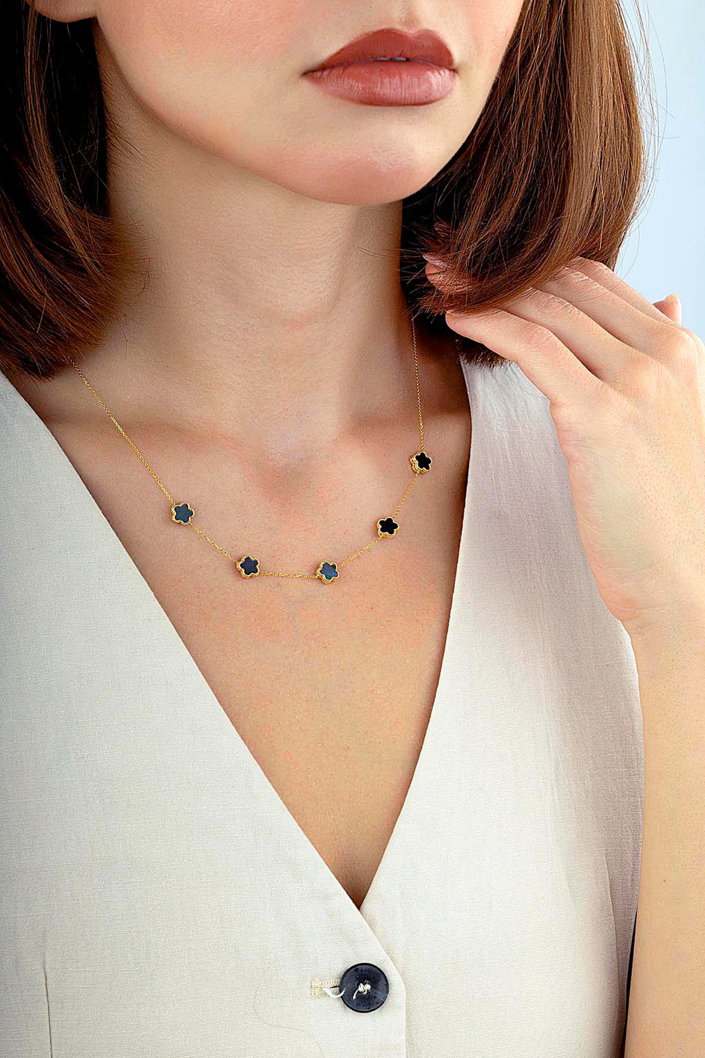 Reversible Black White Mother-of-Pearl Five Floral Gold Necklace
