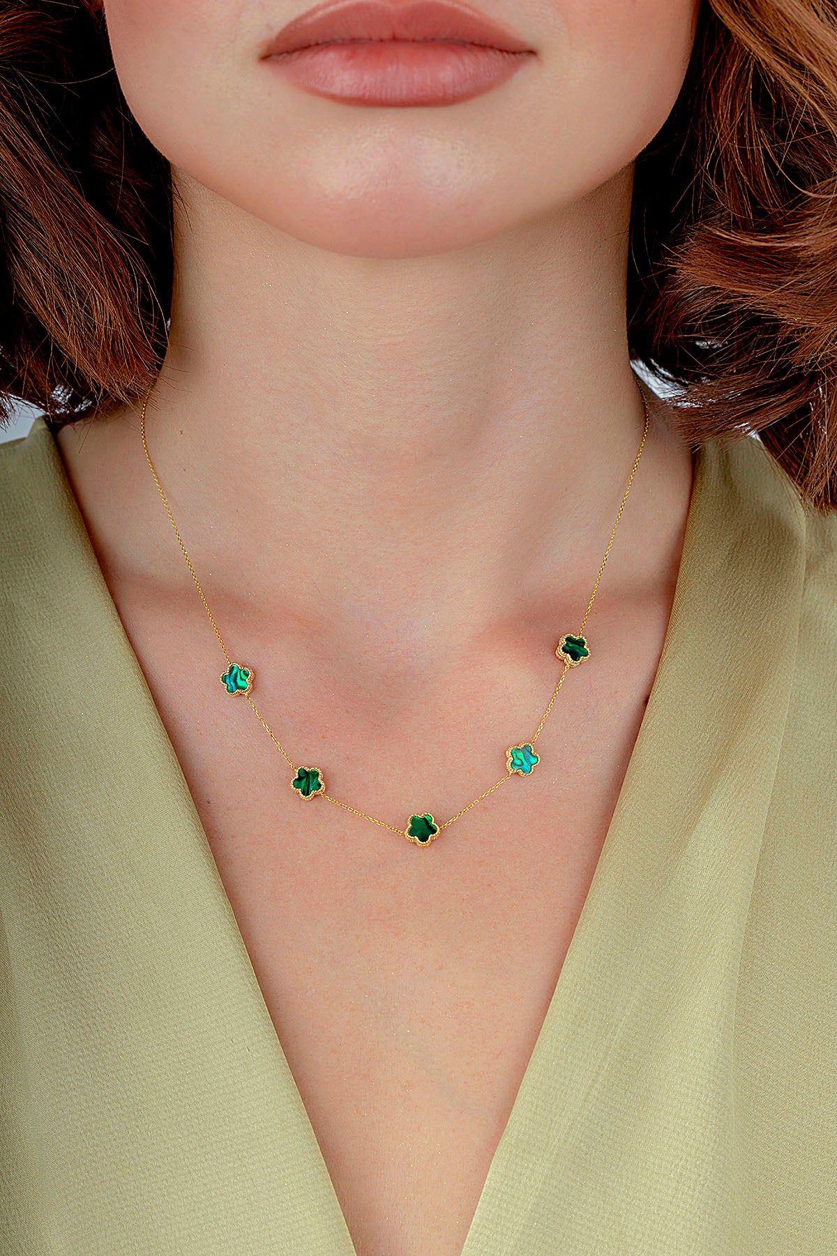 Reversible Green White Mother-of-Pearl Five Floral Gold Necklace