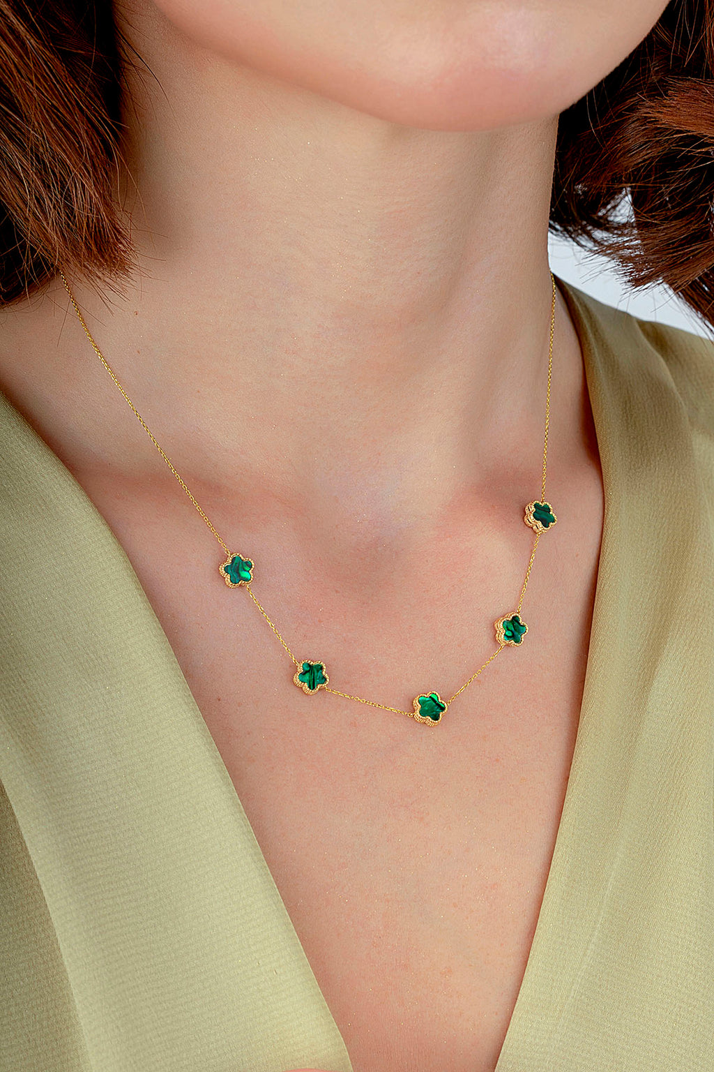 Reversible Green White Mother-of-Pearl Five Floral Gold Necklace
