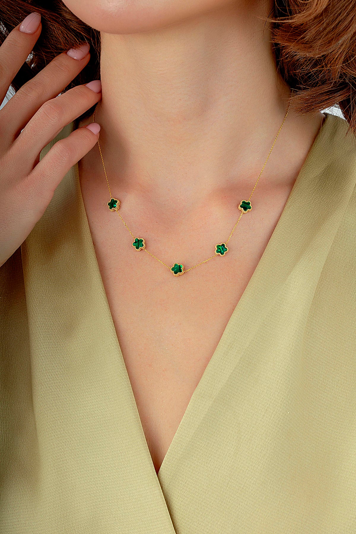 Reversible Green White Mother-of-Pearl Five Floral Gold Necklace