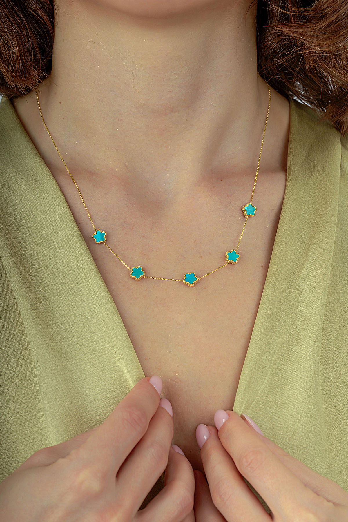 Reversible Turquoise White Mother-of-Pearl Five Floral Gold Necklace Main image