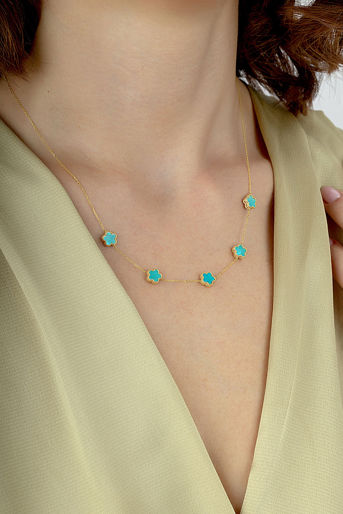 Reversible Turquoise White Mother-of-Pearl Five Floral Gold Necklace Secondary image