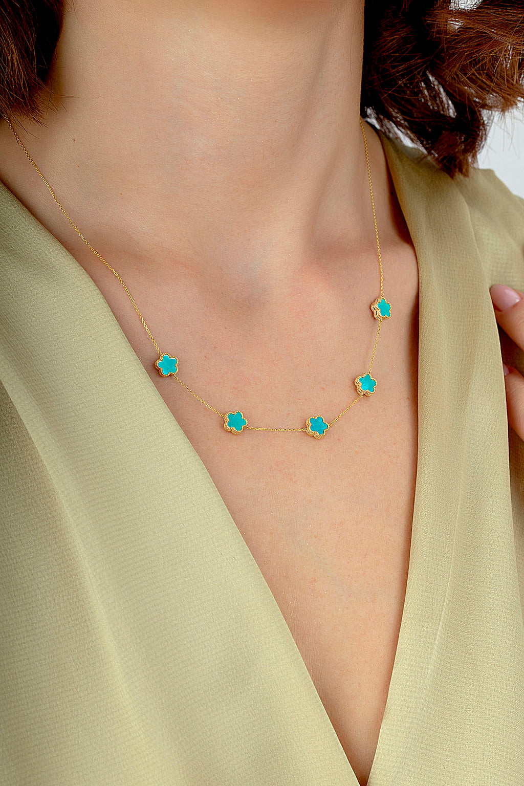 Reversible Turquoise White Mother-of-Pearl Five Floral Gold Necklace